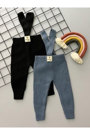 Siyah/indigo Ikili Set Yüksek Bel Önden Çapraz Askılı Fitilli Unisex Bebek Triko Tayt Pantolon ikiliset01