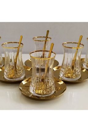 42361 Lizbon Çay Bardak Gold Tabak Kaşık Takımı 18 Parça P1221S3735