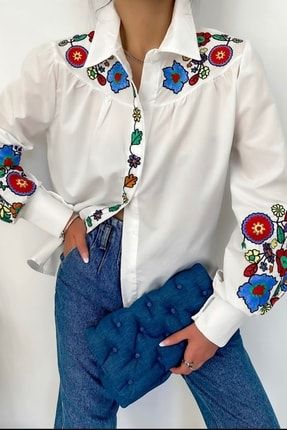 Kadın Beyaz Omuz Ve Kol Çiçek Nakış Işlemeli Gömlek cck34kl