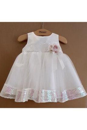 Pul Detaylı Tüllü Kabarık Beyaz Kız Bebek Abiye Elbise A116b-1