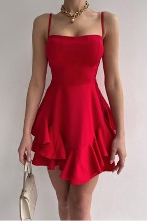 Ayarlanabilir Ince Askılı Eteği Kat Detay Kırmızı Elbise Kırmızı Nişan Elbisesi 102 BS-ETC-102
