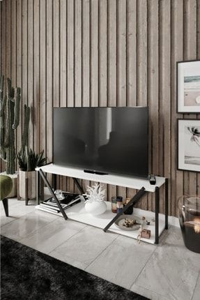 Dekoratif Tv Sehpa Beyaz Siyah Tv Ünitesi 120x35 cm MDR-TLV-39