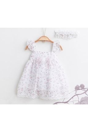 Kız Bebek Çiçekli Şifon Askılı Elbise Ekru MY3436