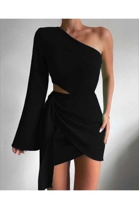 Esnek Siyah Krep Kumaş Geometrik Tek Kol Mini Elbise Abiye Elbise 581975 649 TKN-649