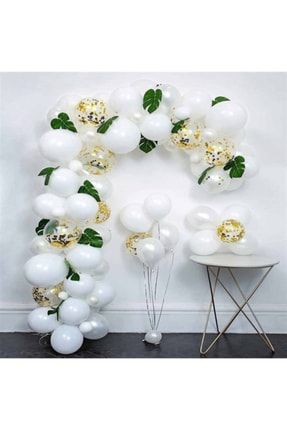 100 Adet Beyaz Altın Konfetili Nişan Düğün Doğum Günü Balon Seti 5 Metre Balon Zinciri AS1179