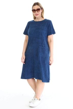 Kadın Mavi Taş Yıkamalı Şerit Güpür Ve Cep Detay Büyük Beden Elbise 2240104