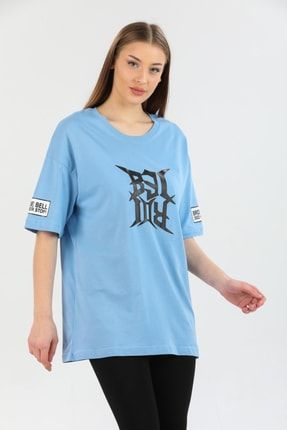 Kadın Mavi Bisiklet Yaka Baskılı Oversize T-shirt 22033