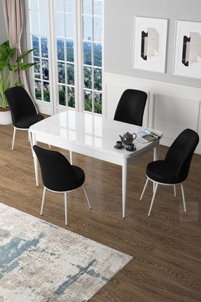 Zen Serisi Mdf Açılabilir Mutfak Masası Takımı-yemek Masası Takımı Beyaz Masa+4 Siyah Sandalye ZEN65BYZ4