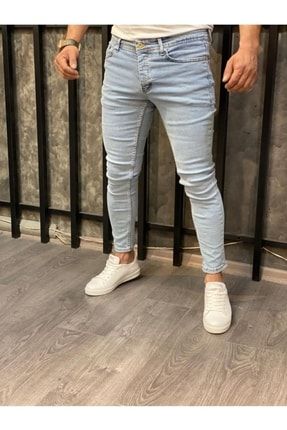 Erkek Jeans Skinny Fit Likralı Buz Mavi Tırnaklı Kot Pantolon lasess023
