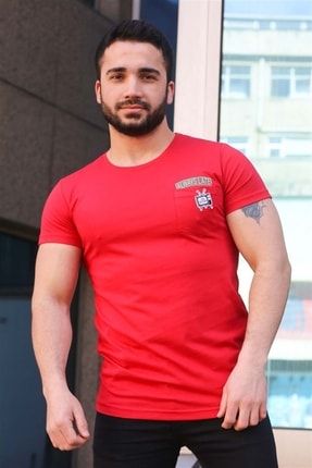 Erkek Kırmızı Baskılı T-Shirt - 3025