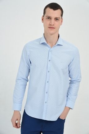 Erkek Buz Mavisi Saldera Slim Fit Jakarlı Italyan Yaka Uzun Kollu Gömlek 19MC004029