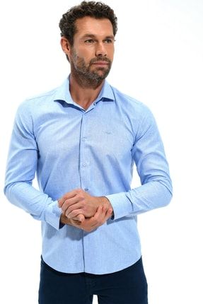 Erkek Mavi Delton Pamuklu Slim Fit Dar Kesim Jakarlı Desenli Italyan Yaka Uzun Kollu Gömlek 20MC004063300