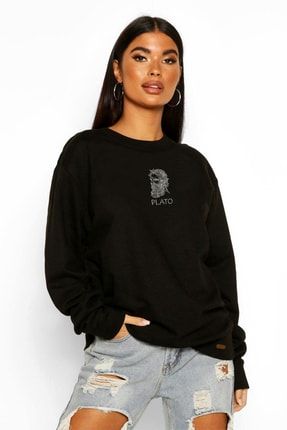 Trend Nice Oversize Plato Baskılı Siyah Sweatshirt OVRSZDSWT35