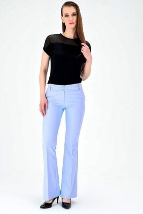 Kadın Açık Mavi Renk Kalın Kemerli Cepli Ispanyol Bol Paça Likralı Kumaş Pantolon 02232