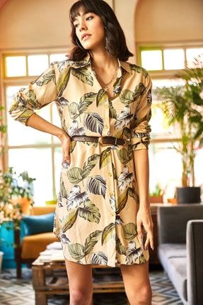 Kadın Taş Palmiye Dokuma Viscon Gömlek Elbise ELB-19001681