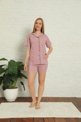 Kadın Vişne Kalp Desenli Kısa Kollu Düğmeli Şortlu Pijama Takımı GLS3421KDD