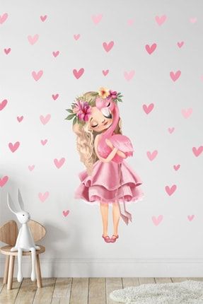 Sevgi Dolu Kız Flamingo Ve Kalpler Çocuk Odası Duvar Sticker Seti KTSQNNP160