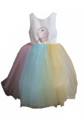 Kız Çocuk Unicorn Desenli Tarlatanlı Kabarık Model Elbise IRM1365C