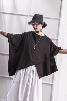Siyah Pamuklu Kore Style Panço Tarz Uzun Erkek Salaş Tişört YENI36TSRT
