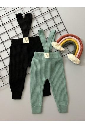 Siyah Mint İkili Set Yüksek Bel Önden Çapraz Askılı Fitilli Unisex Bebek Triko Tayt Pantolon ikiliset01