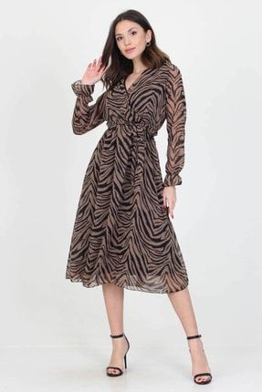 Kadın Bağlama Detaylı Kruvaze Yaka Desenli Şifon Elbise Rssn03 RSSN03