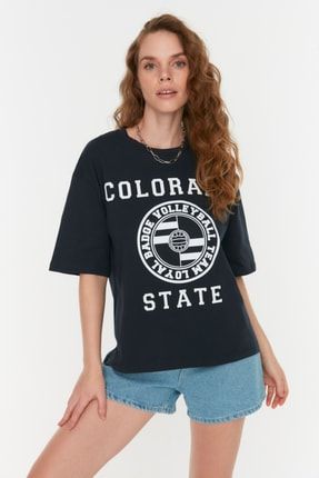 Lacivert Baskılı Loose Örme T-Shirt TWOSS22TS0881
