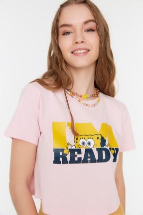 Pembe Spongebob Lisanslı Crop Örme T-Shirt TWOSS22TS0789