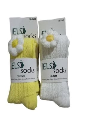 Pamuklu Aksesuarlı Kışlık Bebek Kız Bebek Külotlu Çorap 2 Li Paket Renk Beyaz- Sarı PAPATYA AKSESUARLI DİKİŞLİ