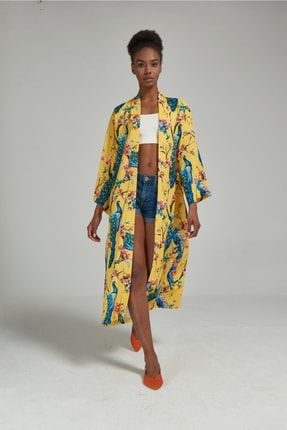 Kadın Sarı Uzun Kuşaklı Kimono Kaftan 401