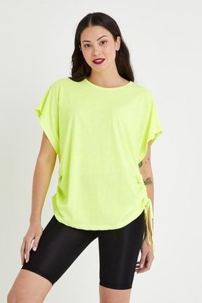 Kadın Neon Yağ Yıkamalı Oversize T-shirt Sarı 102ISTR