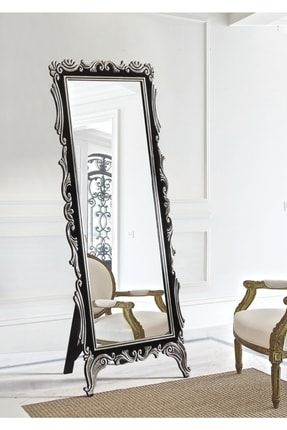 Dekoratif Siyah Üzeri Gümüş Boyalı Oymalı Ayaklı Boy Aynası 177 X 68 Cm TYC00385783544