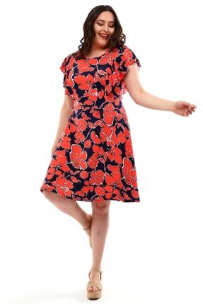 Kadın Lacivert Kırmızı Çiçek Desenli Fırfır Kol Kuplu Büyük Beden Elbise 2210127