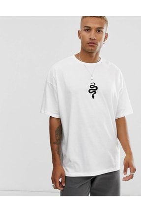 Unisex Yılan Baskılı Beyaz Oversize Tshirt SOO466