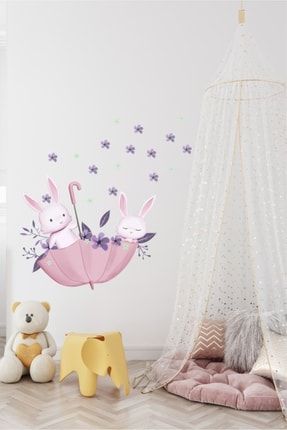 Şemsiyedeki Uçan Tavşanlar Çocuk Odası Duvar Sticker d2701