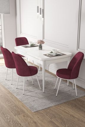 Zen Serisi Mdf Açılabilir Mutfak Masa Takımı-beyaz Masa+ 4 Bordo Sandalye BEYAZ01CNSZEN4
