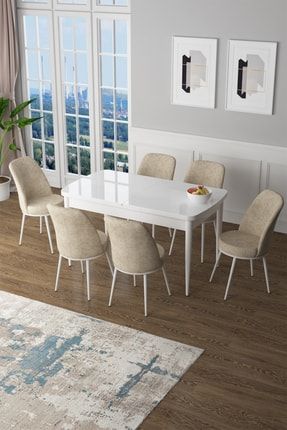 Zen Serisi Mdf Açılabilir Mutfak Masası Takımı-yemek Masası Takımı Beyaz Masa 6 Krem Sandalye ZEN66BYZ6