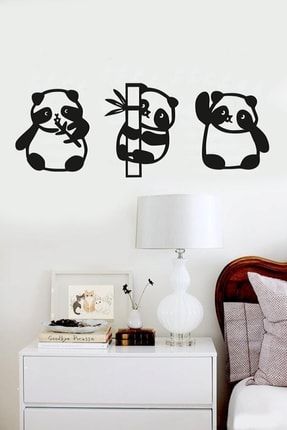 Panda 3lü Duvar Dekoru Siyah Ahşap Lazer Tablo DSG2027
