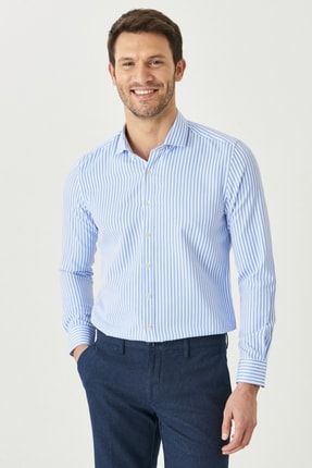 Erkek Beyaz-açık Mavi Slim Fit Dar Kesim Italyan Yaka Çizgili Gömlek 4A2022200041