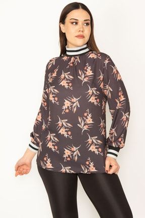 Kadın Siyah Çiçek Desenli Fermuar Kapama Uzun Kol Bluz 85N6737