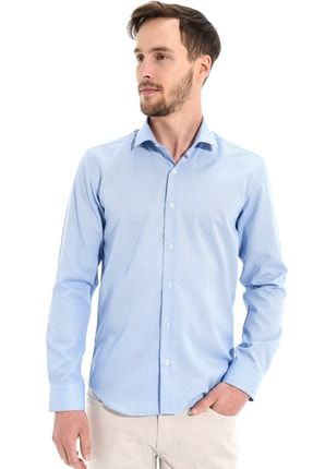 Erkek Mavi Saldera Slim Fit Jakarlı Italyan Yaka Uzun Kollu Gömlek 20MC004060