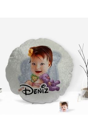 Kişiye Özel Isimli Bebek Karikatürlü Yuvarlak Dekoratif Kırlent Yastık-2 Bitmeyen92857