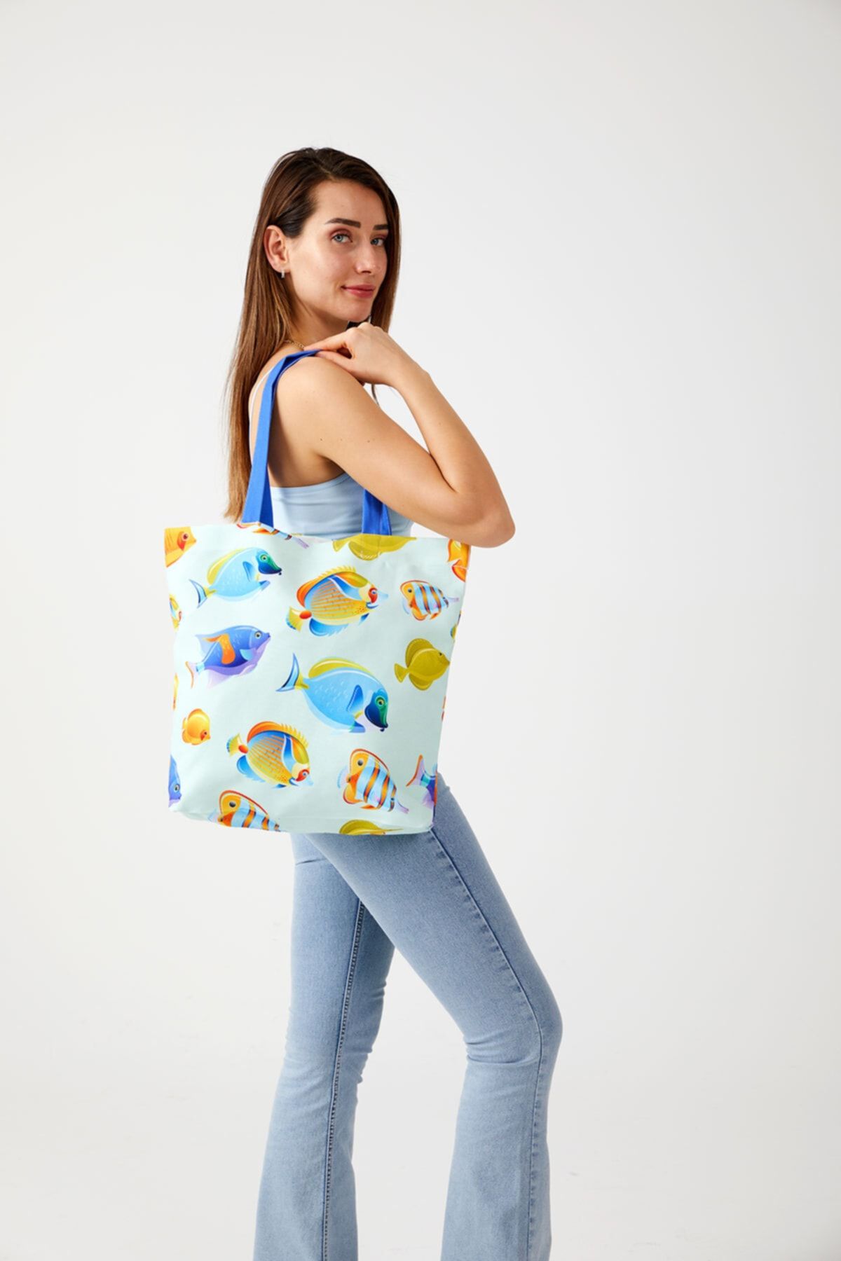 AYSHOME-Γυναικεία τσάντα παραλίας Blue Fish Tote Shopping 2