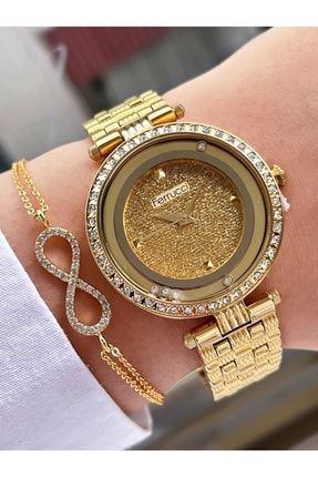 Altın Renk Taşlı Şık Dizayn Kadın Kol Saati + Bileklik Hediyeli BYM04