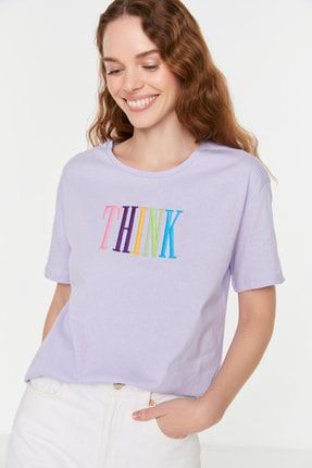 Lila Nakışlı Semifitted Örme T-Shirt TWOSS22TS1777
