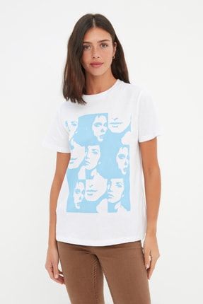 Beyaz Baskılı Basic Örme T-Shirt TWOSS22TS1806