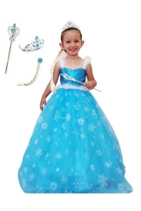 Kız Çocuk Askılı Tarlatanlı Elbise Karlar Ülkesi Taç Asa Saç Mavi Elsa Elbise Elsa Kostüm copyDMASKILIELSATAS12090129