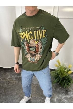 Yıkamalı Long Live Yeşil Tshirt P-001334