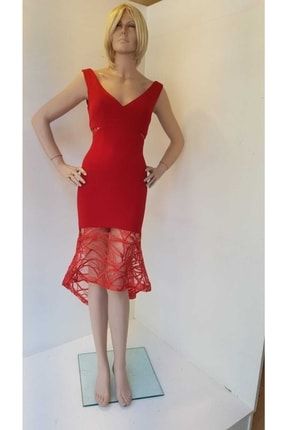 Kırmızı Etek Ucu Şifon Üzeri Payet Detaylı Abiye Ve Gece Elbisesi R026