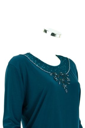 Kadın Mavi Anne Bluz Kiraz Yıldızı Boncuk Işlemeli Parlak Pul Detaylı Likralı Sandy Kumaş OPPW2021KBRFEYS10