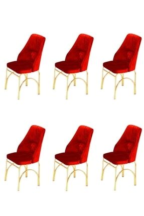 Eslim Yeliz Kırmızı 6 Adet Gold Metal Ayaklı Lüx Sandalye Mutfak Salon Kafe Balkona Uyar Yelizgold00222
